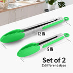 Zulay Stainless Steel Kitchen Tongs with Silicone Tips - Set of 2 (9” & 12”) Locking Cooking Tongs with Non-Slip Grip - Heat Resistant, BBQ Food Tongs for Non-Stick Cooking Pans (Silver/Light Green)