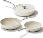 Redchef Ceramic Frying Pans, 4-Piece Non Stick Frying Pans, Non Toxic Skillet with Lid, Ceramic Cookware Set, 8" 9.5" 11" Egg Saute Pan, PFAS & PTFE & PFOA Free, Dishwasher & Oven Safe, Beige White