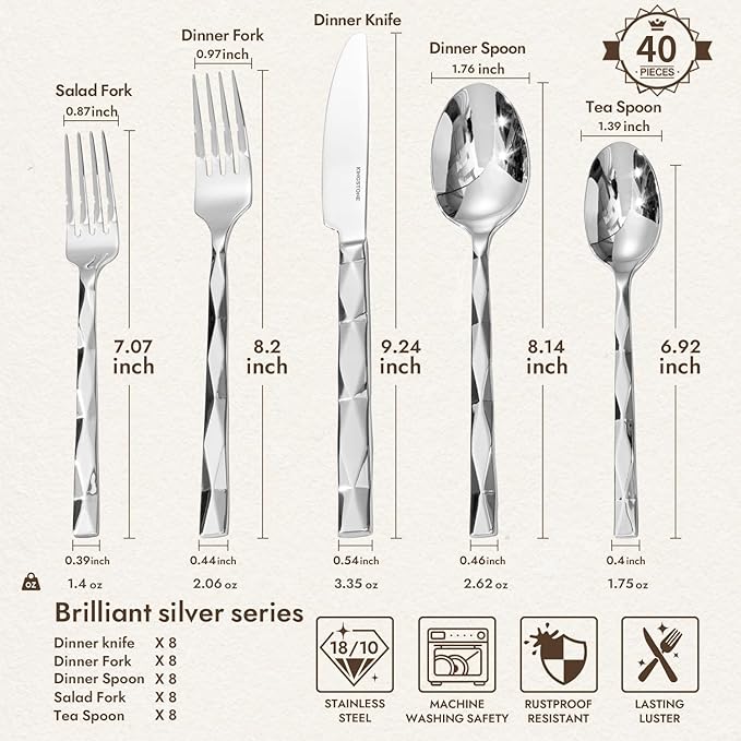 KINGSTONE Silverware Set, Luxury 40 Piece Flatware Set for 8, 18/10 Stainless Steel Cutlery Set with Diamond Cut Pattern for Kitchen, Home, Wedding, Party, Mirror Polished and Dishwasher Safe