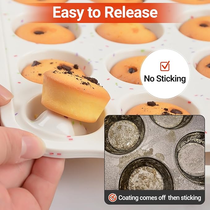 Mini Cupcake Pans, Metal Reinforced Frame Silicone Mini Muffin Pan Nonstick 24 Cups Easy to Handle for Baking Muffins, Cupcakes, Egg Bites 1 Pack