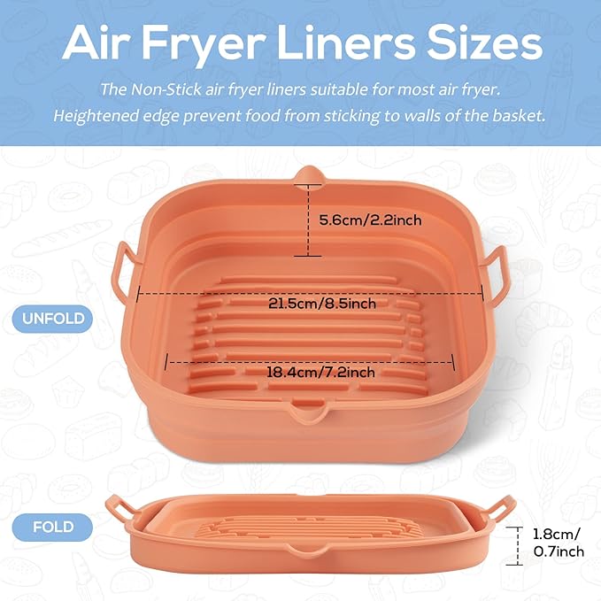 [2 Pack] Silicone Air Fryer Liners Square - Reusable Airfryer Basket - Easy to Clean Air Fryers Pot for 5.8 to 8 Qt Large Air Fryer Baking Tray Oven Accessories, 8.5 Inch