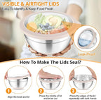 TeamFar Mixing Bowls, 5PCS Stainless Steel Serving Salad Bowls with Lids, For Kitchen Mixing/Baking/Storing/Prepping, Visible & Airtight, Non-Slip Bottom - 4.6/3.5/1.5/1 / 0.7 QT, Khaki