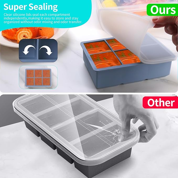 1/2 Cup Silicone Freezer Tray With Lid,Silicone Freezer Molds 6-Pack For meal prep & freezing of various sauces and other dishes, makes 36 perfect 1/2 cup portions cubes (Multicolor 6 Pack)