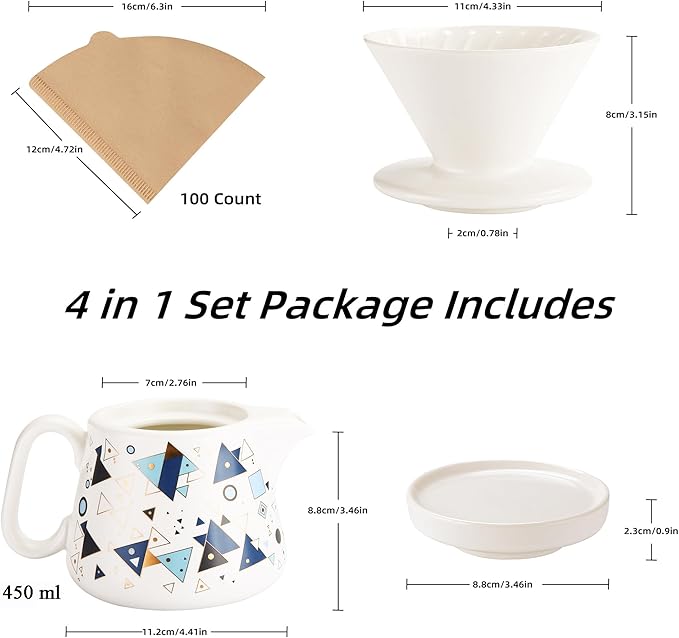 Pour Over Coffee Maker, Ceramic Coffee dripper with 100 pcs V60 Paper Filter, Ceramic coffee Server with Lid, 15.5oz/450 ml, Suitable for 1-2 people (White A)