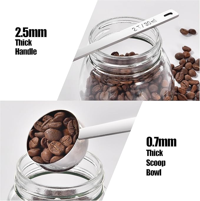 18/8 Stainless Steel Coffee Scoop, Doosu Food-Grade Metal Measuring Spoon with 8.5in Long Handle, Tablespoon Scooper for Coffee Beans, Ground Coffee, Espresso, Protein Powders, Tea, Sugar (2 Tbsp)