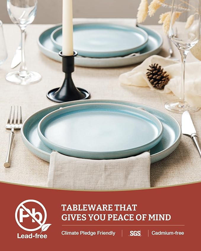 Famiware Milkyway Plates and Bowls Sets, 12 Pieces Dinnerware Sets, Reactive Glaze Dish Set, Stoneware Dishes Set for 4, Light Blue