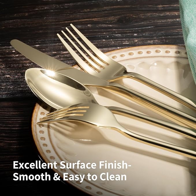 Alata Bailey Champagne Gold 20-Piece Forged Stainless Steel Flatware Set Cutlery Set, Service for 4, Silver Finish, Dishwasher Safe