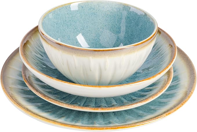 Gibson Elite Mayfair Bay 16-Piece Embossed Double Bowl Dinnerware Set, Service for 4 – Blue Stoneware Plates and Bowls