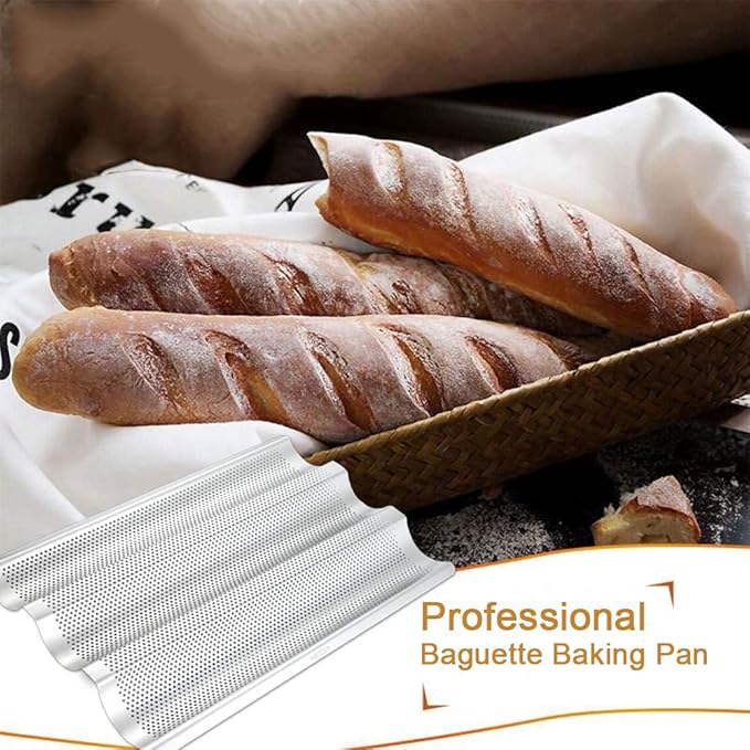 Stainless Steel Perforated French Baguette Bread Pan 3 Waves Toaster Oven Baking Tray (15"x10") with Large Bread Proofing Cloth (17.7" x 30.3")