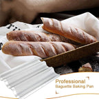 Stainless Steel Perforated French Baguette Bread Pan 3 Waves Toaster Oven Baking Tray (15"x10") with Large Bread Proofing Cloth (17.7" x 30.3")