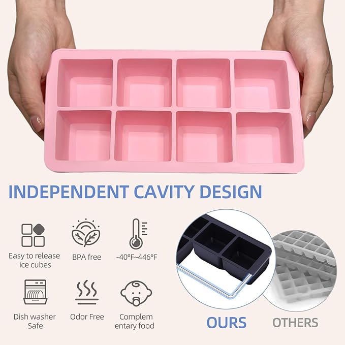 2 Pack Silicone 2 Inch Large Ice Cube Molds for Cocktails Wine Fruit and Bourbon Whiskey Easy Release Ice Cube Tray with Lid Ideal for Cold Drinks and Entertaining Gatherings (Strawberry Pink)