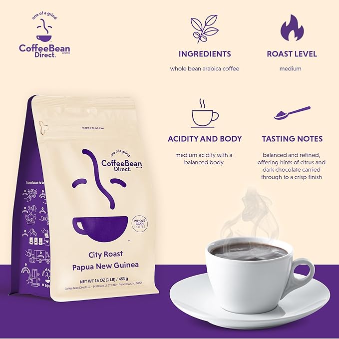Coffee Bean Direct City Roast Papua New Guinea, Whole Bean Coffee, Arabica Coffee, Medium Roast, 1 Pound Bag (Pack of 1)