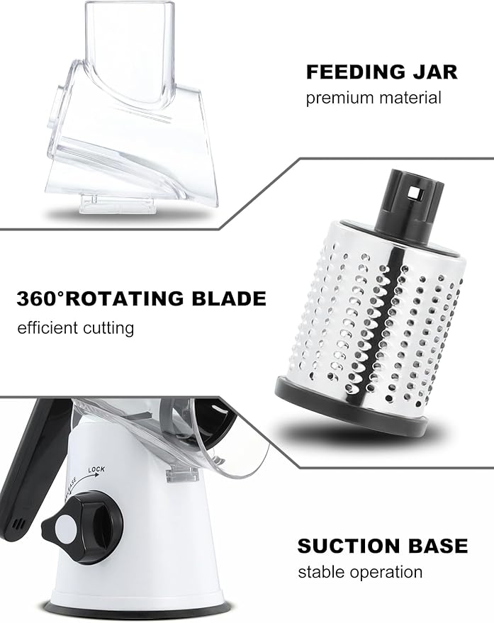 Cheese Grater Rotary, Rotary Grater for Kitchen, Kitchen Grater Vegetable Slicer with 3 Drum Blades, Fast Cutting Cheese Shredder for Vegetables and Nuts