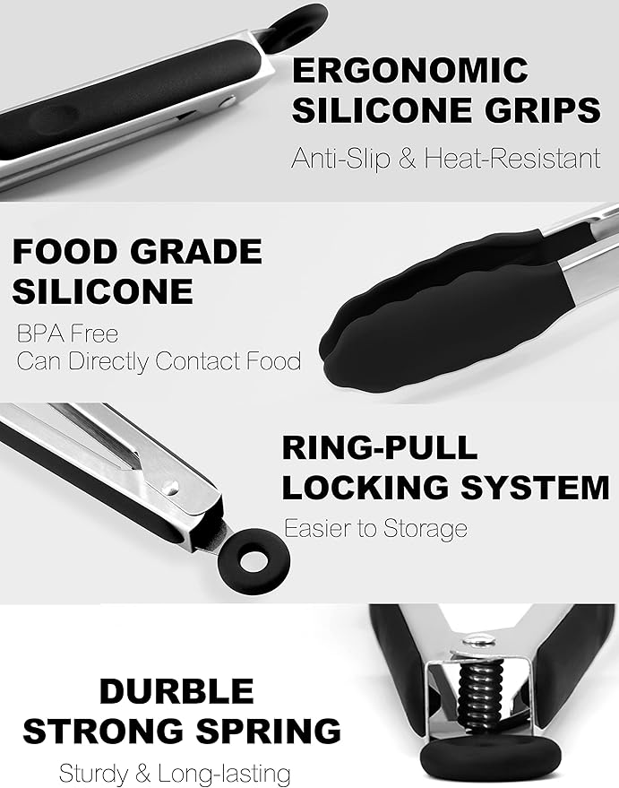 Anaeat Non-Stick Silicone Locking Tong - Stainless Steel 12" Kitchen Food Tongs with Non-Slip Silicone Tips and Grip for Cooking, Baking and BBQ - Heat Resistant up to 480°F (Black)