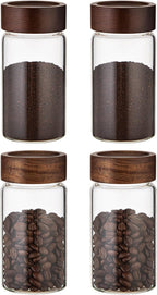 Small Glass Jars with Airtight Lid Clear Coffee Ground Storage Canister Wooden Lid Round Glass Spice Jar for Pantry Sugar Tea Bean Nuts Cookies Bath Salts (4×250ml(8.4oz))