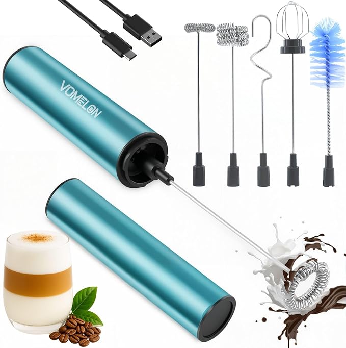 Rechargeable Milk Frother Handheld Electric Frother Wand Milk Foamer Drink Mixer for Coffee, Lattes, Cappuccino, and Egg, Stainless Steel for Travel-Light Blue