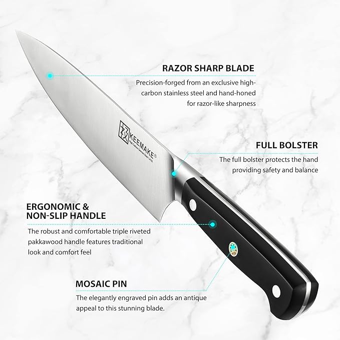 KEEMAKE Kitchen Knife Set with Block, 8Pcs Razor Sharp Chef Knife Set, High Carbon Stainless Steel Knife Block Set with Kitchen Scissors, Cooking Knife Set for Meat Vegetable Fruit