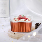 EUSOAR Aluminum Foil Cups, 5oz 50pcs muffin Baking Cups with Lids, 3.34"x2.59"x2.35" 125ml Snacks Desserts Flan, Cupcake Pie Ramekin, Recyclable Catering Party Favor Baking Cups-Caramel