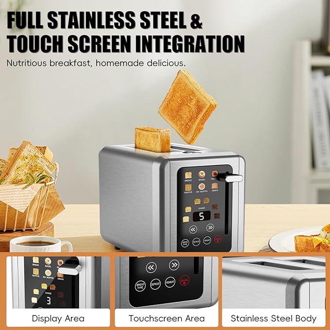 Touch screen Toaster 2 slice,Stainless Steel Digital Timer Toasters with Sound Function,6 Bread Types & 6 Shade Settings,Smart Extra Wide Slots Toaster with Bagel,Defrost Functions,Brushed steel