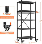 REIBII 5-Tier Storage Shelves with Wheels, Heavy Duty Wire Shelving Unit 1158LBS Capacity - Adjustable Feet for Kitchen, Pantry, Office Organization, Bathroom,15.6" D x23.5 W x63 H
