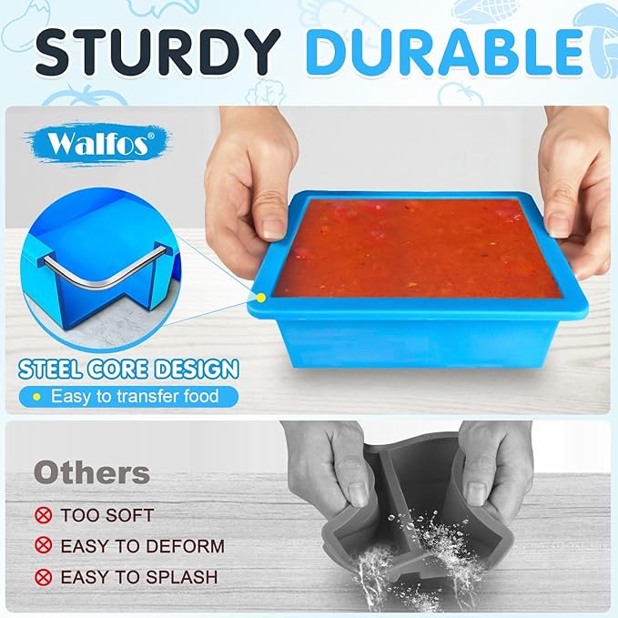 Walfos Silicone Freezer Tray With Lid - Easy to demold and Easy Meal Prep Container, 2pcs 1 Cup & 2pcs 2 Cup Silicone Mold for Soup and Food Storage -BLUE 4pcs