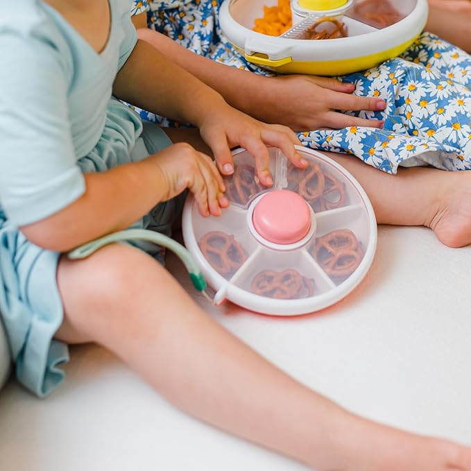 GoBe Kids Small Snack Spinner Flip Bundle with Hand Strap and Sticker Sheet - Reusable Snack Container with 5 Compartment Dispenser and Lid | BPA/PVC Free | Dishwasher Safe | No Spill- Macaron Blue