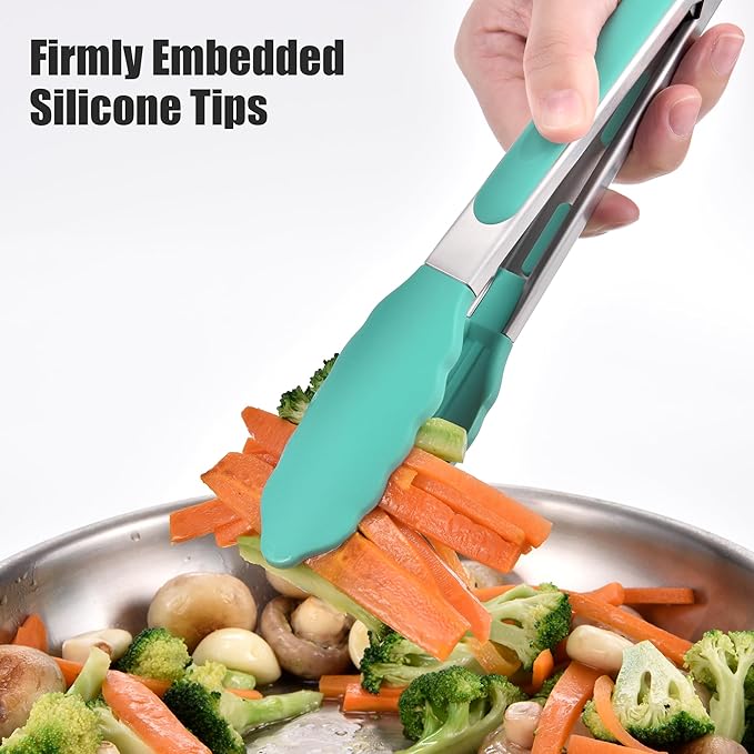 Doosu Kitchen Tongs for Cooking - 600°F Heat Resistant Food Tong Set with Non-Scratch Silicone Tips, Heavy Duty Stainless Steel Locking Tong for BBQ, Grilling Steak, Serving (7+9+12in, Aqua Sky)