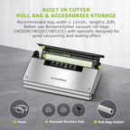 Bonsenkitchen Vacuum Sealer Machine, Stainless Steel Food Sealer Vacuum Sealers with 100 Bags & 1 Roll Bag, 5 Food Vacuum Modes, Built-in Cutter & Bag Storage, Silver-Black