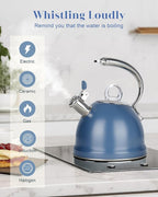 Harriet Tea Kettle Stovetop, 2.5 Quart Whistling Stainless Steel Tea Pot, 3-Layer Base, Unique Ergonomic Handle, Includes Pot Holder & Mat, Electric/Induction/Gas Stovetops Applicable, Blue