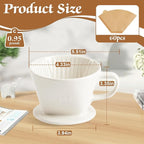 Pour Over Coffee Dripper with 60PCS Paper Filter, Ceramic Pour Over Coffee Maker with 3 Holes Flat Bottom, Porcelain Slow Filter Cone for Travel, Camping, Office, Home, Coffee Maker Brew