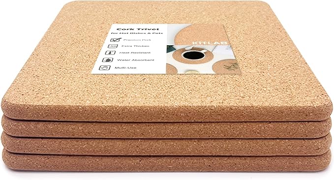 Cork Trivet, 4 Pcs High Density Thick Square Cork Trivets for Hot Dishes, 8 Inch Heat Resistant Multifunctional Cork Coaster, Cork Hot Pads for Table & Countertop