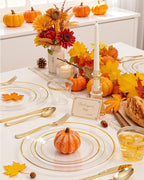 bUCLA 600PCS Clear Plates with Gold Trim - Clear Gold Dinnerware Set Disposable Include 100 Dinner/100 Dessert Plates, 100 Knives, 100 Forks, 100 Spoons, 100 Cups for Wedding, Party & Thanksgiving