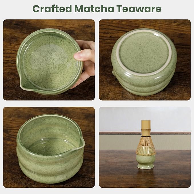 Matcha Whisk Set 7pcs, Japanese Macha Making Kit - 17oz Bowl with Spout, Bamboo Whisk, Chasen Holder, Scoop, Scoop Rest, Stainless Steel Sifter & Towel, Tea Gift Tools for Starter & Enthusiasts, Green