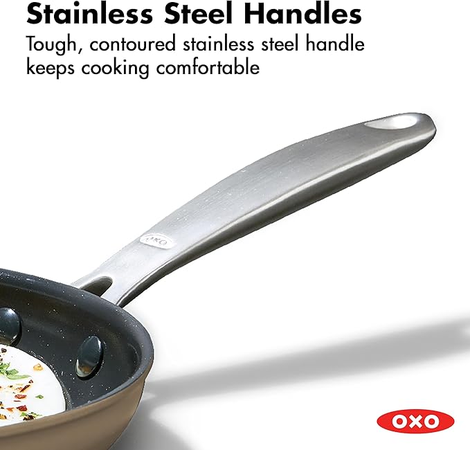 OXO Enhanced 10” Nonstick Frying Pan Skillet, Ceramic PFAS-Free Cookware, Stainless Steel Handle, Eggs & Omelets, Dishwasher & Oven Safe, Biscuit Brown