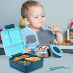 Bento Lunch Box for Kids with 8oz Soup Thermo&Lunch Bag, Leak-Proof Lunch Food Containers with 4 Compartment, Hot Food Insulated Food Jar for Kids School (Blue)