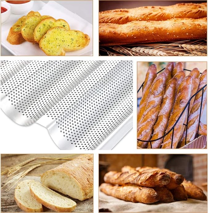 2 Pack Stainless Steel French Baguette Bread Pan, Perforated Loaf Pans for Baking 15"x10", 3 Waves Toaster Oven Baking Tray