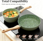 3-Piece Nonstick Pots and Pans Set with Lids, Includes 8.5 Inch Frying Pan 1.5Qt Saucepan and 2.2Qt Stock Pot, PFOA Free Dishwasher Safe Induction Compatible Family Cookware, Green