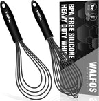 Walfos Whisk 11inch Flat Whisks and 10inch Balloon Whisk Combo,Silicone whisks for cooking,Non Scratch Coated Wisk,Suitable for Ceramic Coated pans and Wider shallower pots.(2pcs black)
