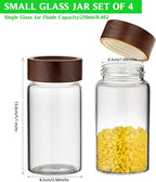 Small Glass Jars with Airtight Lid Clear Coffee Ground Storage Canister Wooden Lid Round Glass Spice Jar for Pantry Sugar Tea Bean Nuts Cookies Bath Salts (4×250ml(8.4oz))