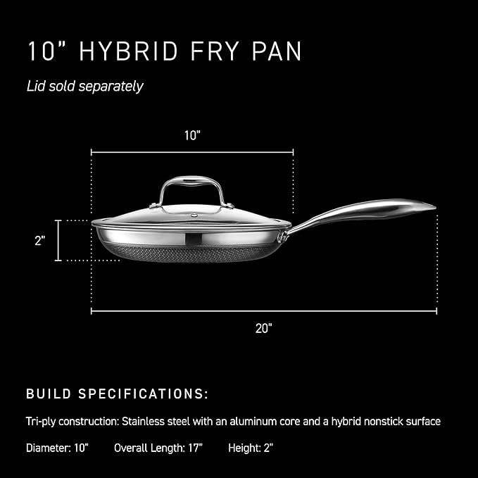 HexClad Hybrid Nonstick 10-Inch Frying Pan, Stay-Cool Handle, Dishwasher-Friendly, Oven-Safe Up to 900°F, Induction Ready, Compatible with All Cooktops