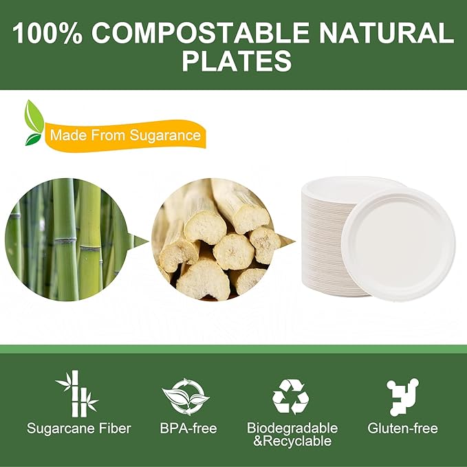 WELLIFE 7 Inch Paper Plates, 125-Pack Small Dessert Paper Plates Bulk, 100% Compostable Biodegradable Bagasse, Eco-Friendly Disposable Plate for Dessert,BBQ,Picnic,Party (BPI Certified,Microwaveable)