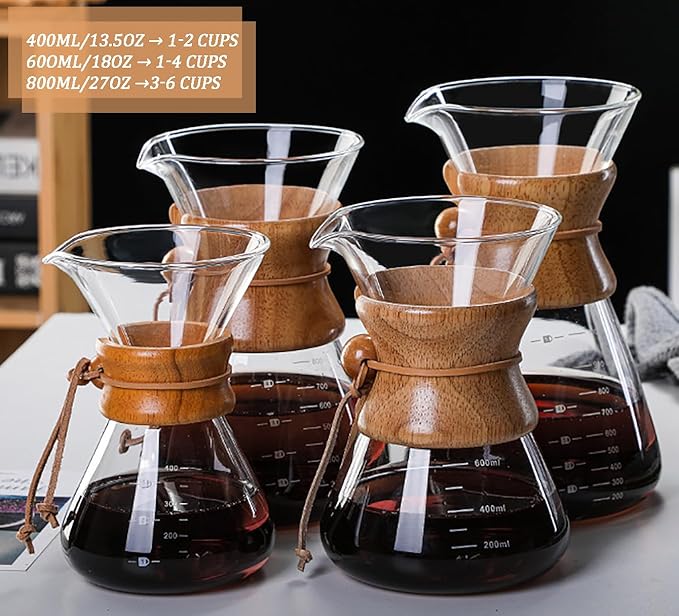 Pour Over Coffee Maker with Reusable Stainless Steel Drip Filter, Lead-Free Borosilicate Glass Coffee Carafe with Modern Wooden Collar for 1-4Cup, Circular Clear (600ml/20oz)