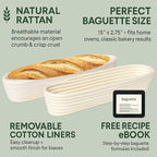 15 Inch Baguette Proofing Basket Set of 2 with Cotton Liners & Baguette Recipe eBook- Handcrafted Natural Rattan Banneton Bread Proofing Baskets for Sourdough- French Bread & Dough Rising