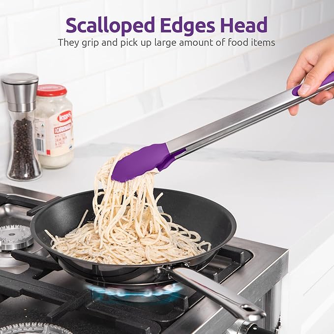 600ºF Heat Resistant Kitchen Tongs: U-Taste 16 inch Extra Long Large Silicone Cooking Tong with Sturdy Non Stick Rubber Tips & Non Slip Silicon Coated 18/8 Stainless Steel Handle for Grill BBQ(Purple)
