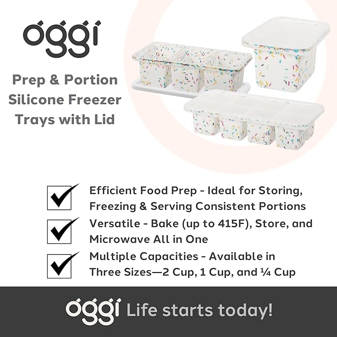 Oggi Prep & Portion Silicone Freezer Trays with Lid - Freezer Molds for Food, Ice Cube Tray, Food Prep Containers, Freezer Storage Containers, for Soup, Smoothie Cubes, Broth, Leftovers - 2 Cup x2