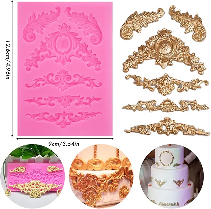Rainmae 5 Pcs Baroque Style Curlicues Scroll Lace Fondant Silicone Mold, Relief Flower Lace Mould Filigree Mold 3D Sculpted Decoration, Cupcake Topper, Jewelry, Polymer Clay, Crafting Projects