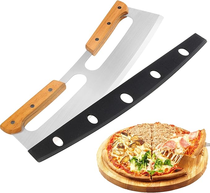 Pizza Cutter Rocker with Wooden Handles & Protective Cover by Zocy, 14" Sharp Stainless Steel Pizza Slicer Wheel, Big Pizza Knife Cutters for Kitchen Tool (14inch)
