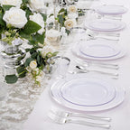 bUCLA 150-Piece Silver Disposable Dinnerware Set - White Plastic Plates with Silver Rim - Include 25 Dinner Plates, 25 Dessert Plates, 25 Forks, 25 Knives, 25 Spoons & 25 Cups for Party & Christmas