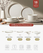 Famiware Milkyway Stoneware Dinnerware Sets with Pasta Bowls, Service for 4 (16 Pieces), Reactive Glaze Plates and Bowls Sets, Microwave and Dishwasher Safe Dishes Set, Matte Beige White