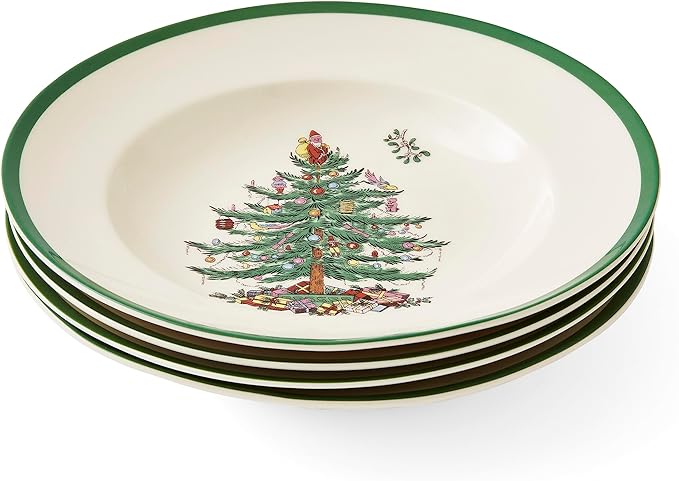 Spode Christmas Tree 9" Soup Plate (Set of 4) – Stoneware Bowls with Festive Tree Design & Green Rim, Ideal for Serving Soup, Pasta, Salad – Microwave & Dishwasher Safe Holiday Dinnerware
